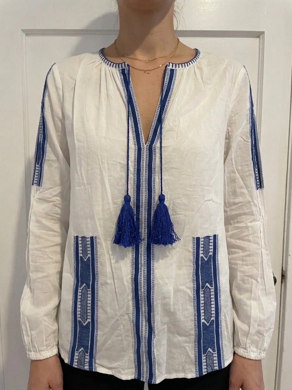 Michael Kors White Cotton Peasant Blouse with Blue Embroidery and Tassels